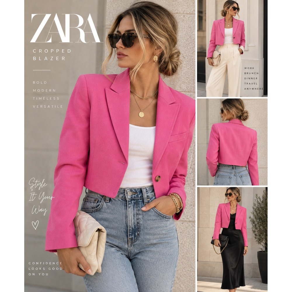 Zara NWT Hot Pink Cropped Blazer Jacket Tailored Barbiecore Size S